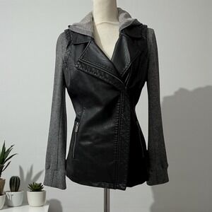 BNCI by Blanc Noir Black Faux Leather Hooded Moto Jacket Women's‎ Size S